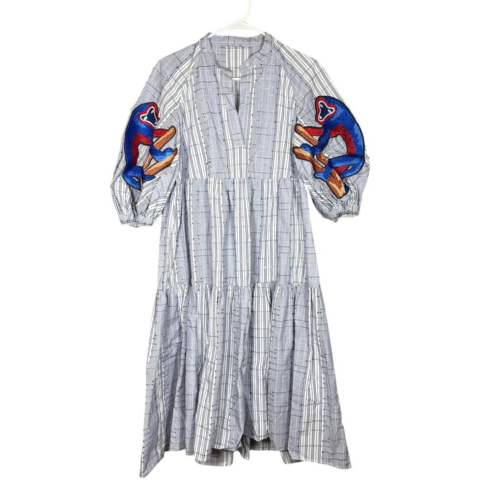 Stella Jean Sloth Striped Embroidered Tiered V Neck Puff Sleeve Dress 40